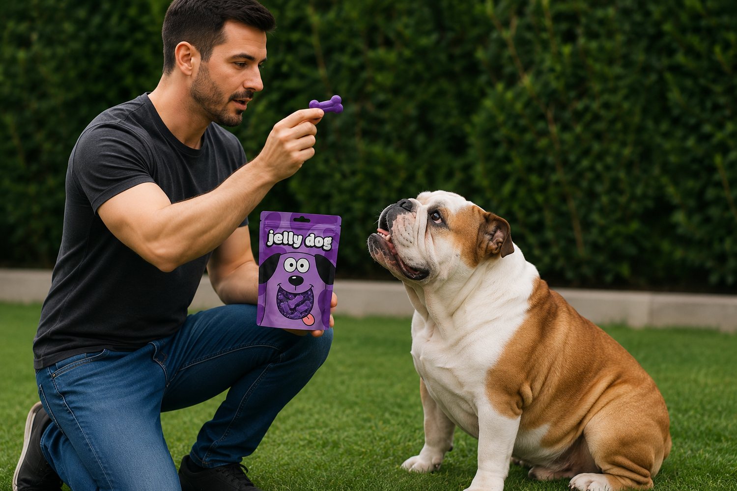 Tutor dando petisco jelly dog ao cachorro