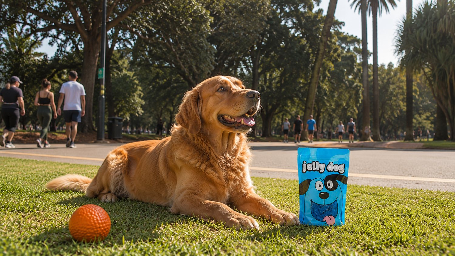 Cachorro golden com petisco jelly dog